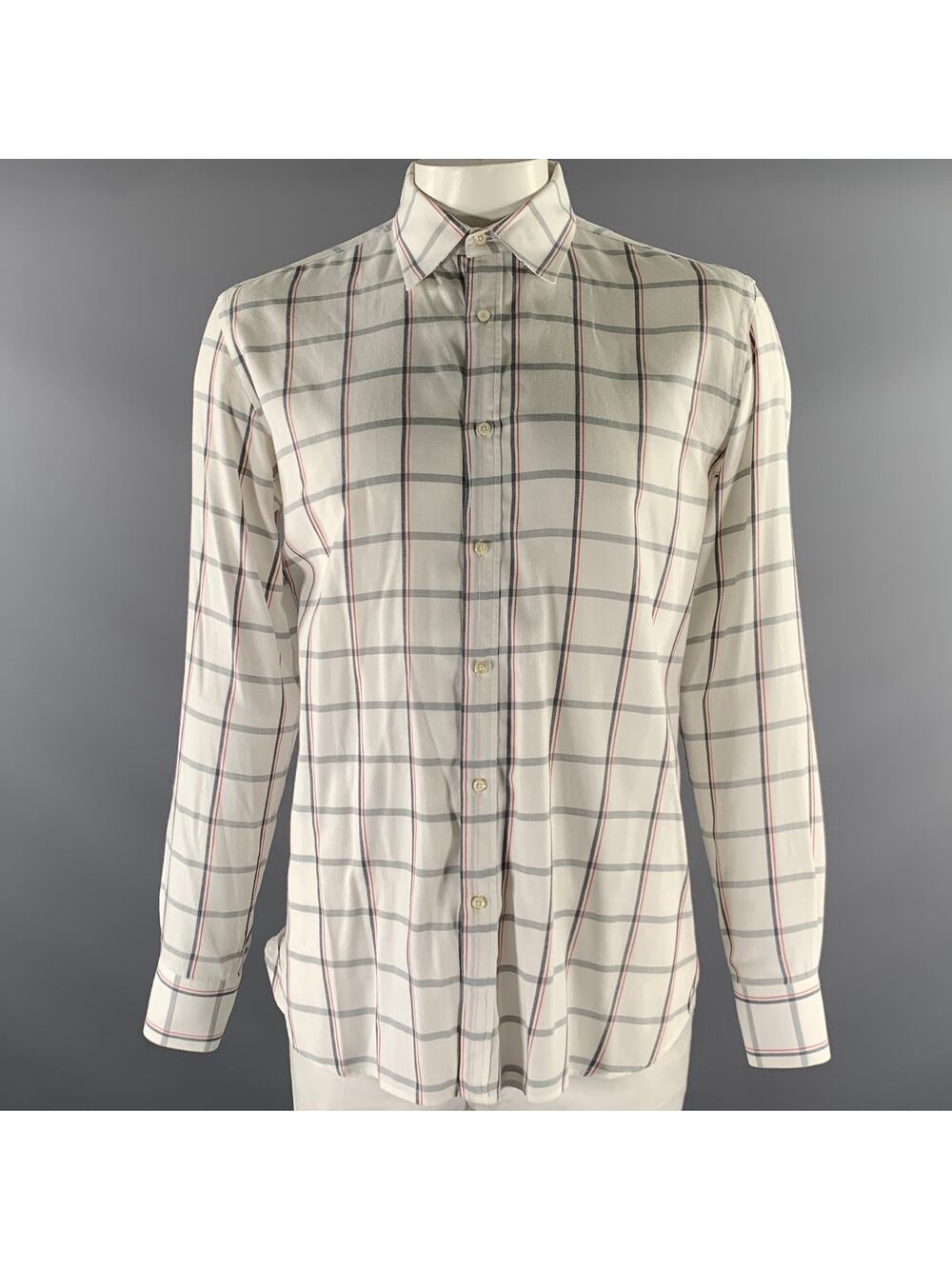 ADAM KIMMEL Size L White Red & Grey Plaid Cotton Long Sleeve Shirt